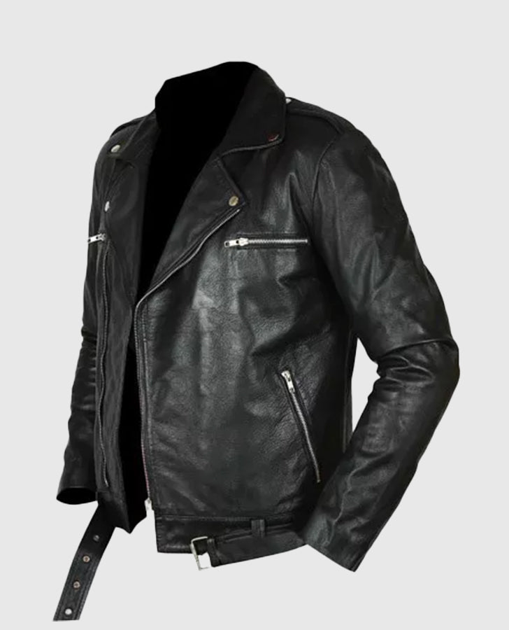 Negan Walking Dead Black Biker Leather Jacket for Men - collar and zip close-up