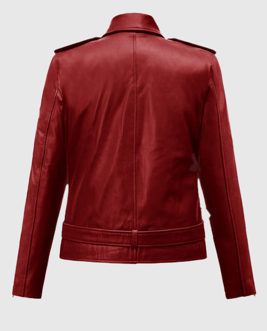 Last Christmas Emilia Clarke Red Leather Biker Jacket for Women - side angle view