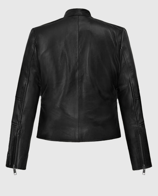 The Matrix Resurrections Carrie Anne Moss Black Leather Jacket - side angle view