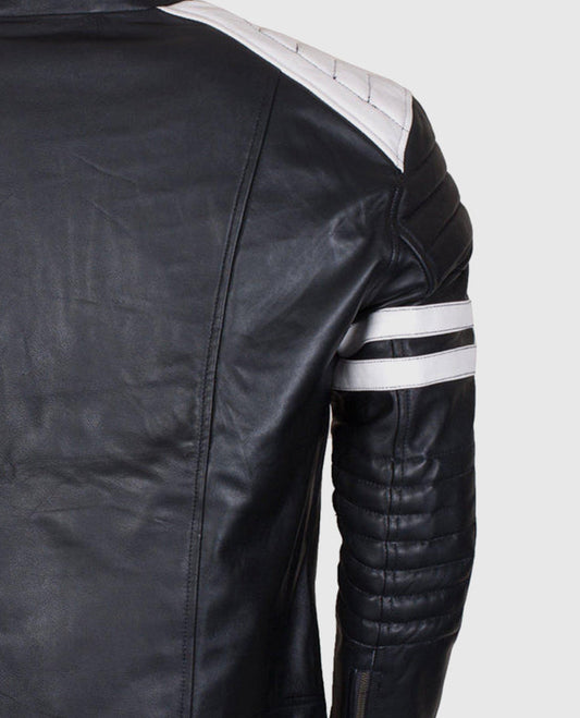 Men's White Stripes Black Cafe Racer Leather Jacket - side angle view