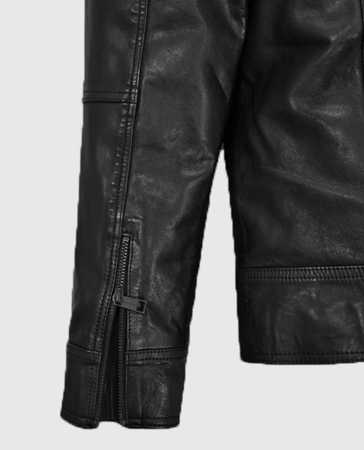 Sam Worthington Simulant Black Leather Jacket for Men - collar and zip close-up