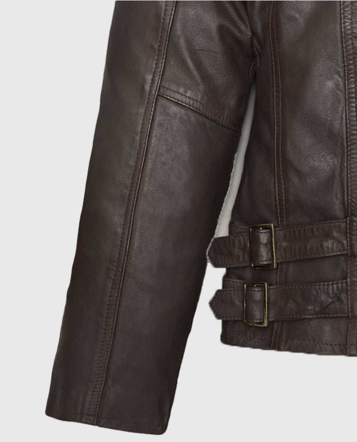 Hailey Baldwin Bieber's Brown Leather Jackets Jacket for Women - collar and zip close-up