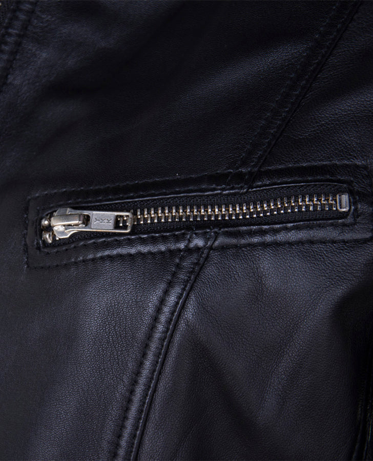 Biker Trend Women's Black Leather Jacket – Custom Fit - collar and zip close-up