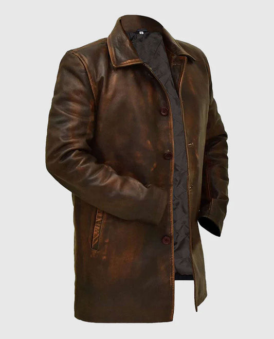 Men's Supernatural Brown Leather Trench Coat – Custom Fit - side angle view