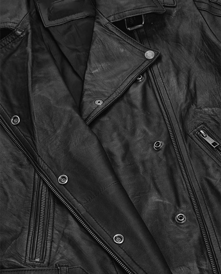 Keira Knightley Domino Black Leather Biker Jacket for Women - model wearing the jacket