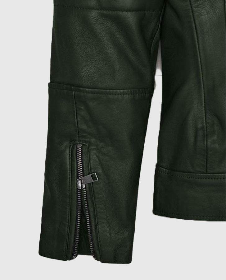 Victoria Justice Green Leather Biker Jacket for Women - detail view