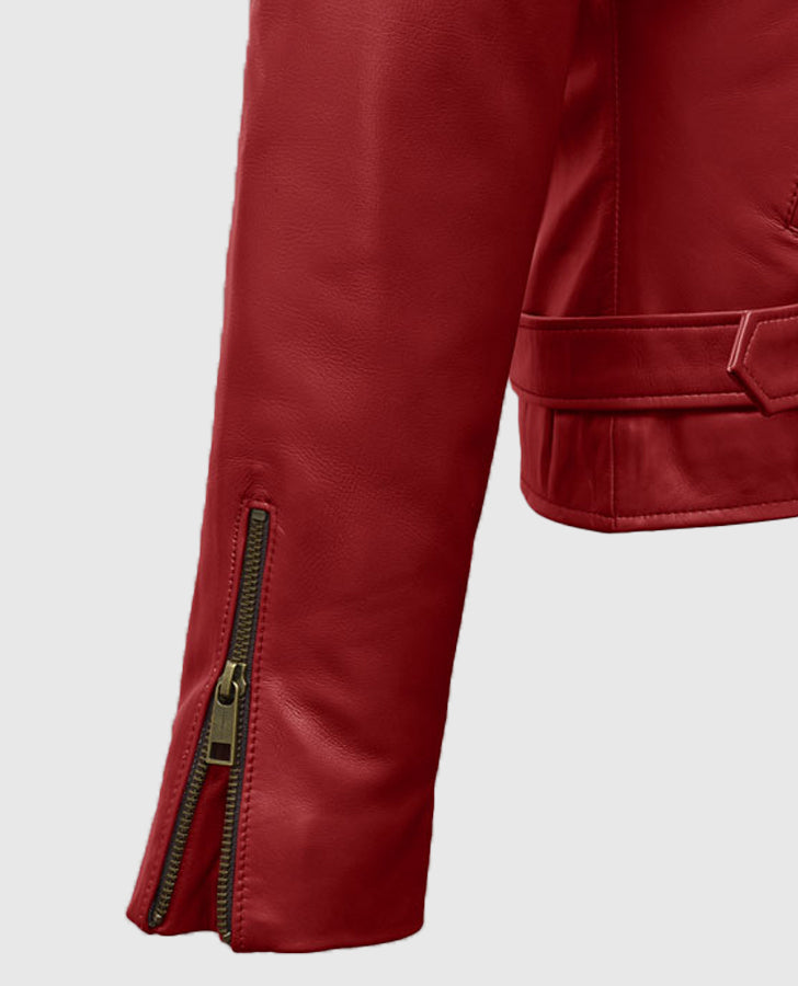 Last Christmas Emilia Clarke Red Leather Biker Jacket for Women - detail view
