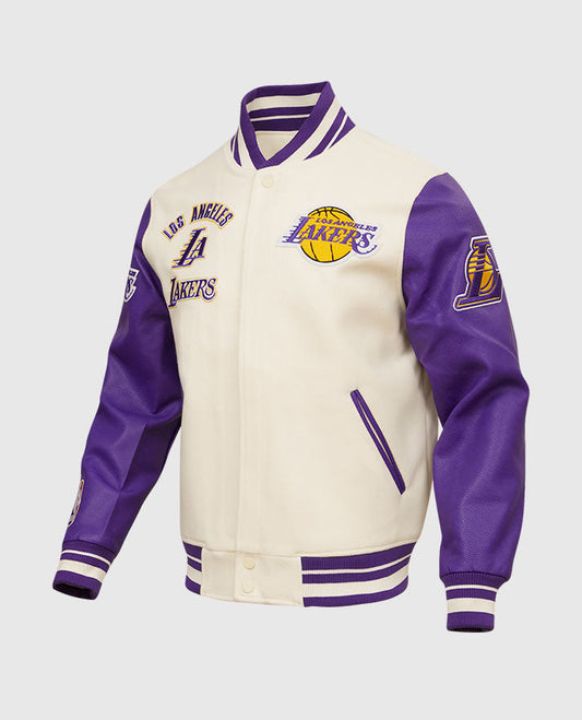 NBA Los Angeles Lakers Men's White Varsity Leather Jacket - side angle view