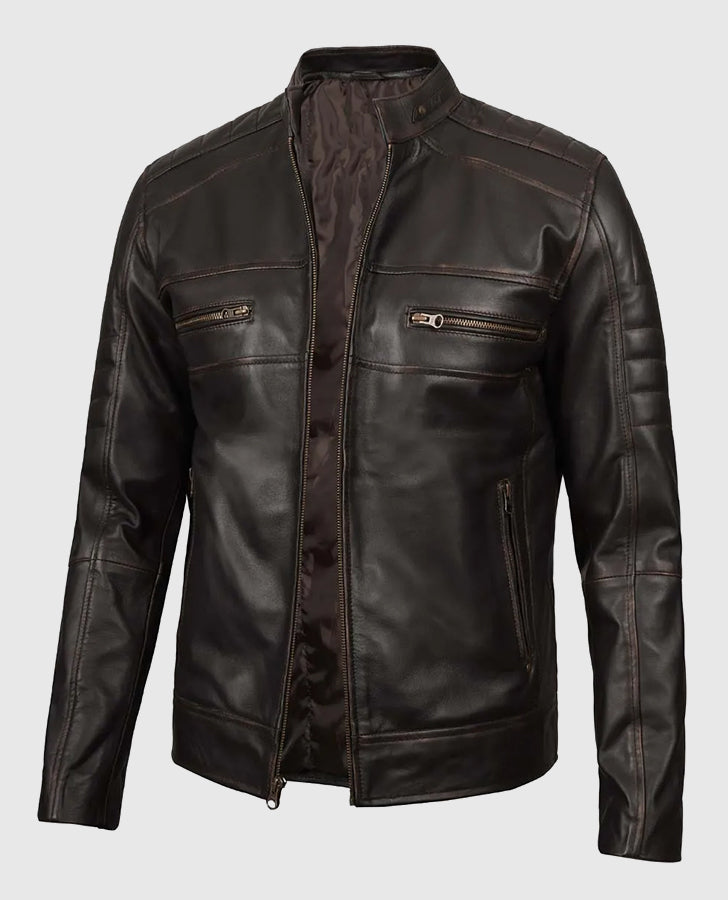 Men's Distressed Dark Brown Cafe Racer Real Leather Jacket - inner lining view