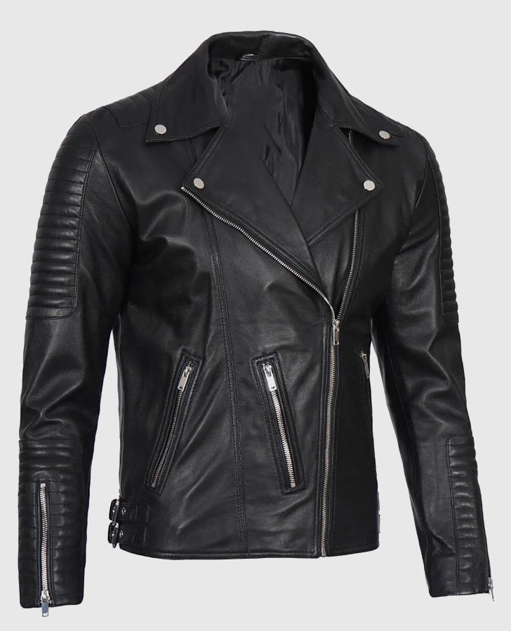 Men's Black Asymmetrical Leather Motorcycle Jacket - collar and zip close-up