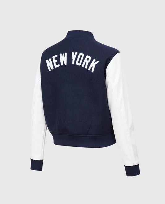 MLB New York Yankees Women's Blue Varsity Leather Jacket - side angle view