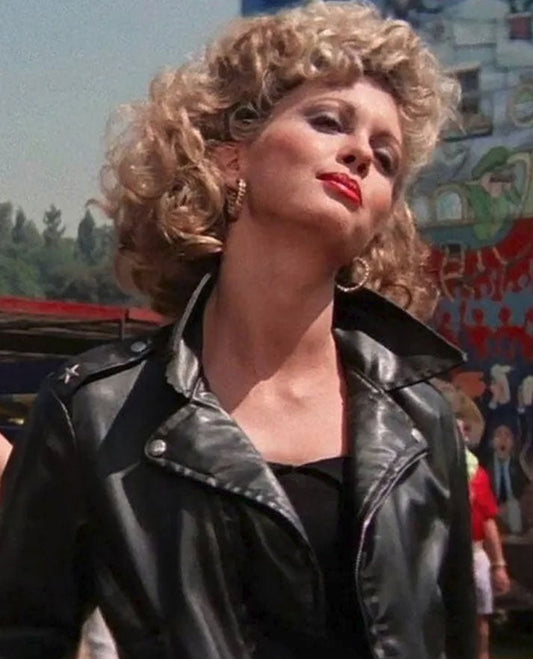 Olivia Newton John Grease Black Leather Jacket for Women - front view