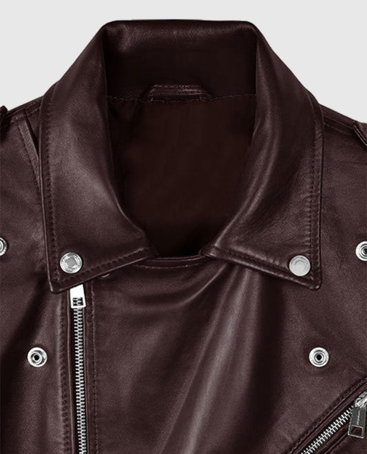 Joe Jonas Maroon Biker Leather Jacket for Men – Premium Outerwear - side angle view