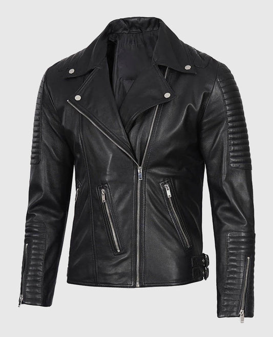 Men's Black Asymmetrical Leather Motorcycle Jacket - side angle view