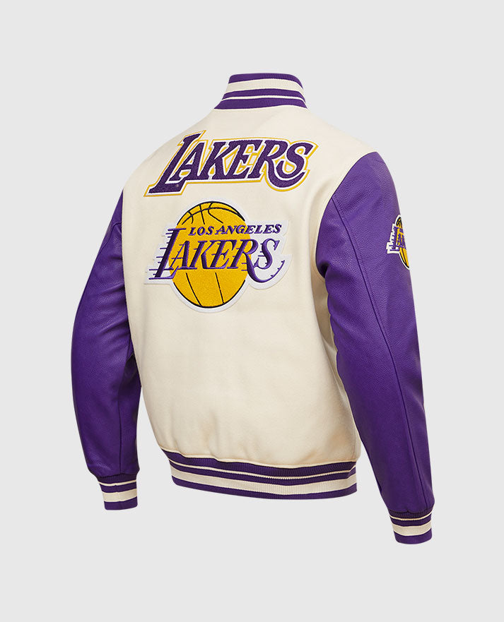 NBA Los Angeles Lakers Men's White Varsity Leather Jacket - collar and zip close-up