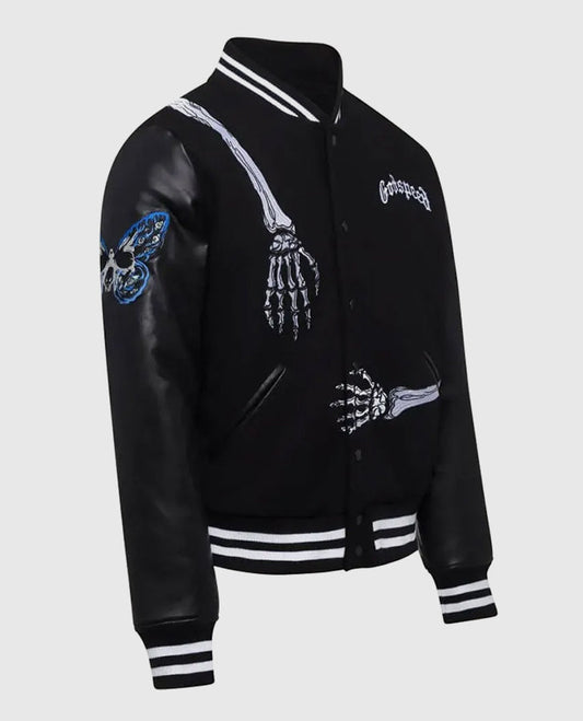 Men's Godspeed Skull Rod Black Bomber Halloween Leather Jacket - side angle view