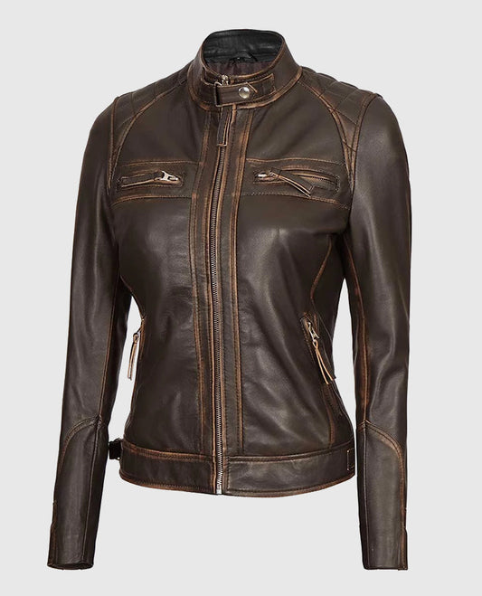 Women's Rub Off Dark Brown Quilted Leather Cafe Racer Jacket - side angle view