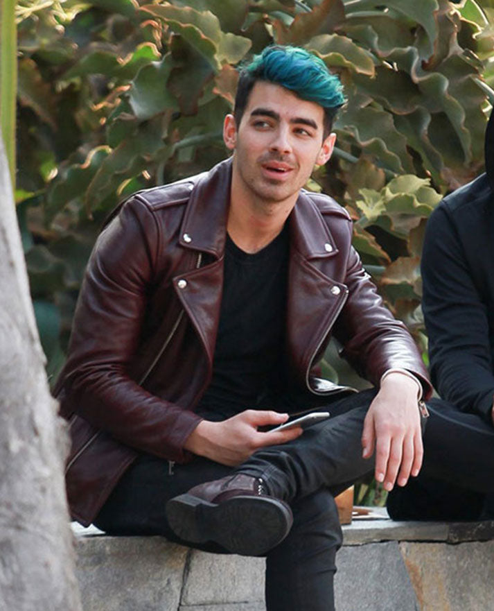 Joe Jonas Maroon Biker Leather Jacket for Men – Premium Outerwear - sleeve and cuff detail