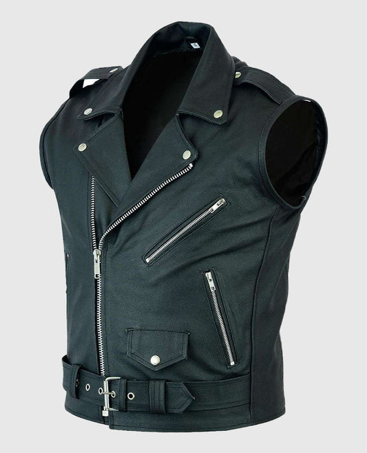 Men's Black Leather Biker Vest – Premium Outerwear - side angle view