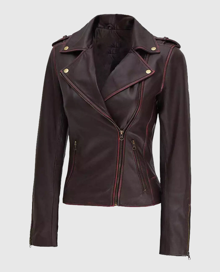 Women's Maroon Asymmetrical Leather Motorcycle Jacket - side angle view