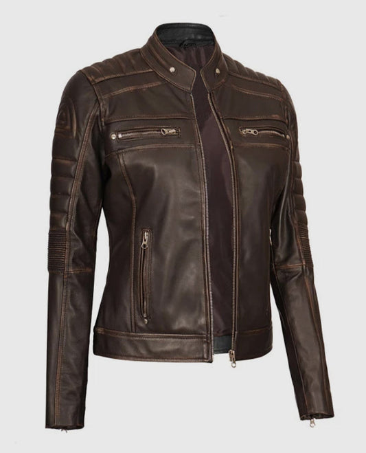 Women's Austin Dark Brown Cafe Racer Biker Leather Jacket - side angle view