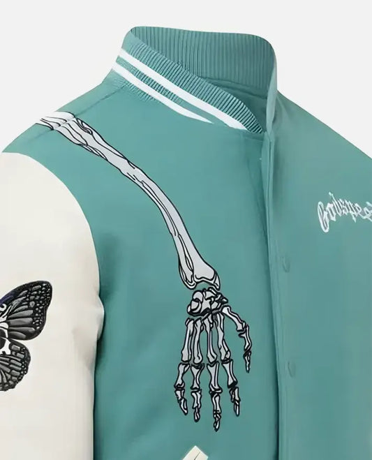 Men's Rod Godspeed Skull Mint White Varsity Leather Jacket - side angle view