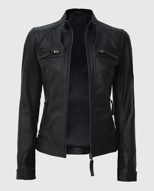 Women's Black Quilted Cafe Racer Leather Jacket – Custom Fit - side angle view