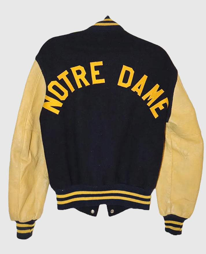 Fighting Irish Notre Dame Tan Varsity Leather Jacket for Women - back view
