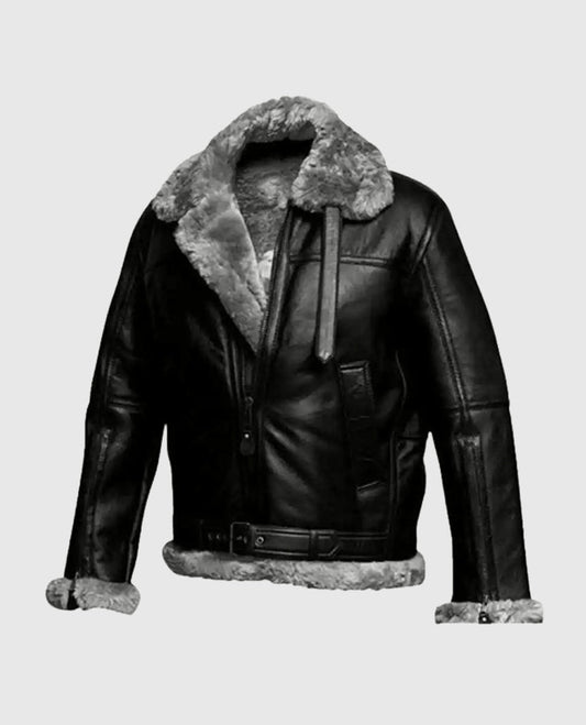 FUR Aviator Flying Pilot Bomber Black Leather Jacket for Men - side angle view