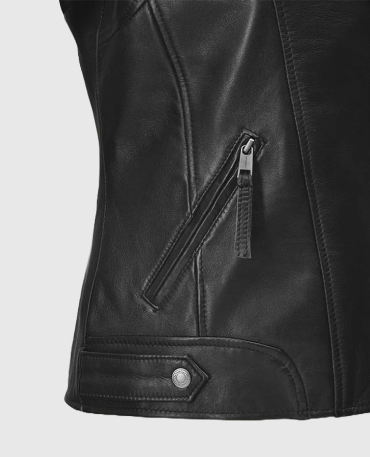 Women's Black & White Biker Leather Jacket | Genuine Leather - inner lining view