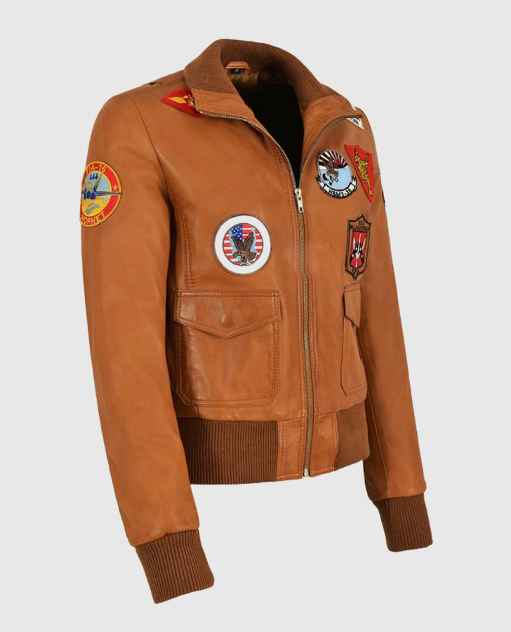 Women's Top Gun Brown Bomber Leather Jacket with Badges - side angle view