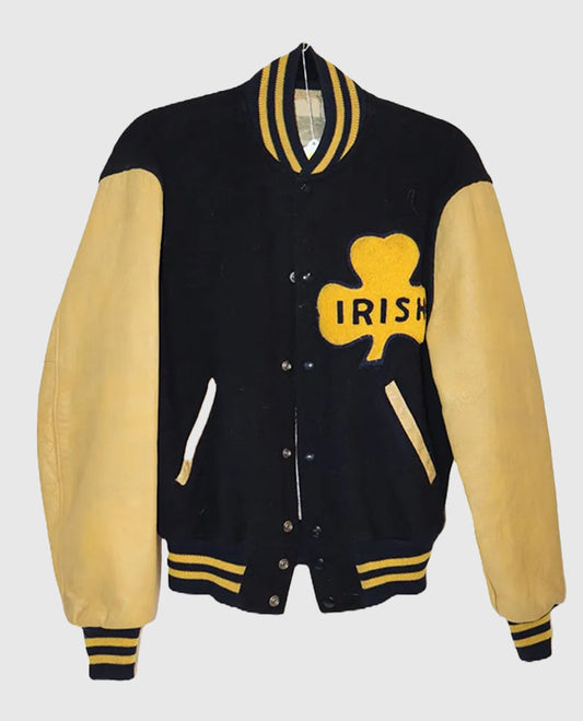 Fighting Irish Notre Dame Tan Varsity Leather Jacket for Women - front view