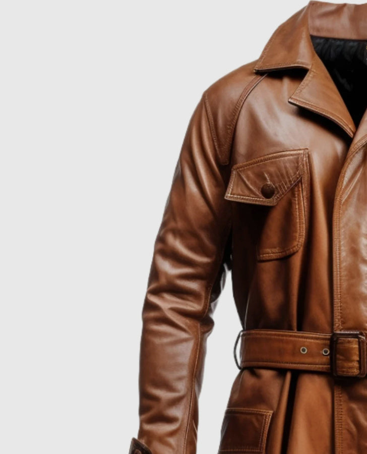 Men's Brown Leather Coat – Premium Outerwear – Custom Fit - side angle view
