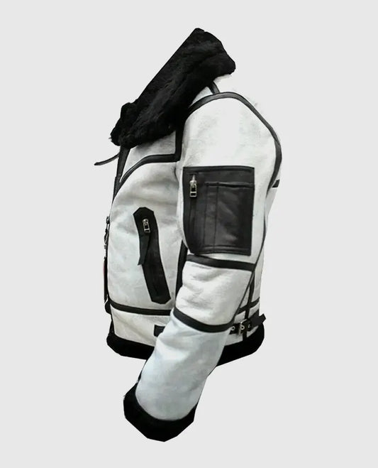 Men's RAF B3 White Bomber Flight Aviator Leather Jacket - side angle view