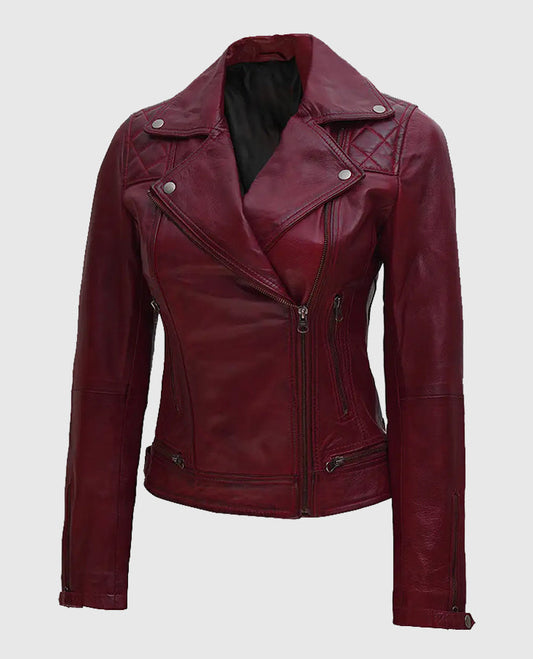 Kimberley Quilted Leather Motorcycle Maroon Jacket for Women - side angle view