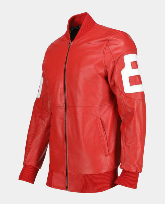 Dizller 8 Ball Pool Red Letterman Bomber Leather Jacket for Men - side angle view
