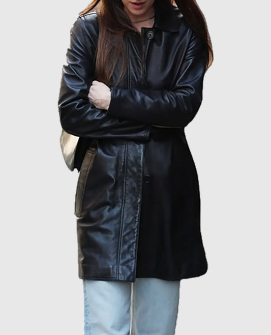 Materialists Dakota Johnson Black Leather Coat for Women - side angle view
