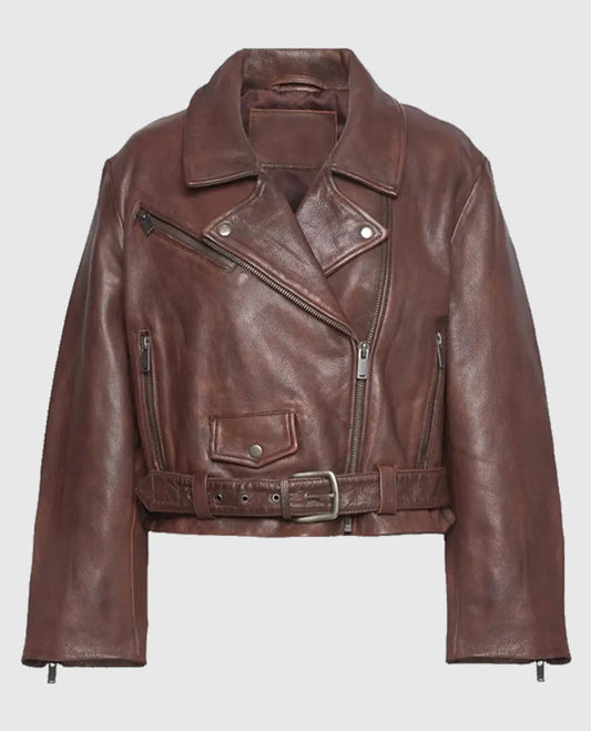 Gigi Hadid Brown Leather Jacket for Women – Custom Fit - side angle view