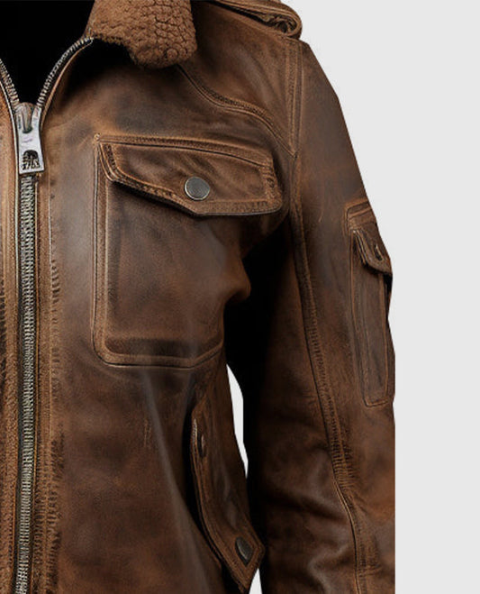 Women's Vintage Brown Bomber Leather Jacket – Custom Fit - side angle view