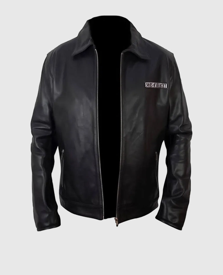 Sons of Anarchy Black Biker Leather Jacket for Men - collar and zip close-up