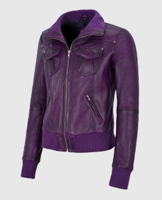 Women's Aviator Purple Bomber Leather Jacket – Custom Fit - side angle view