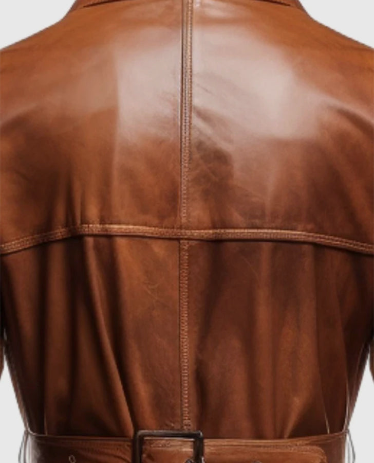 Men's Vintage Brown Long Leather Coat – Premium Outerwear - collar and zip close-up