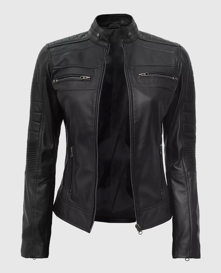 Women's Black Cafe Racer Leather Jacket – Custom Fit - collar and zip close-up