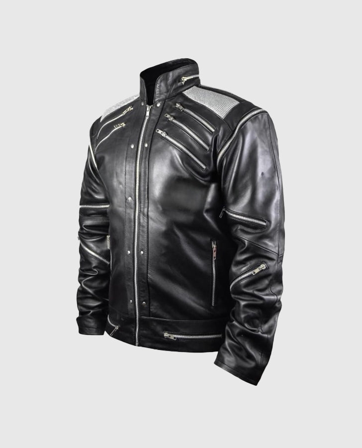 Michael Jackson Beat It Black Leather Jacket for Men - collar and zip close-up