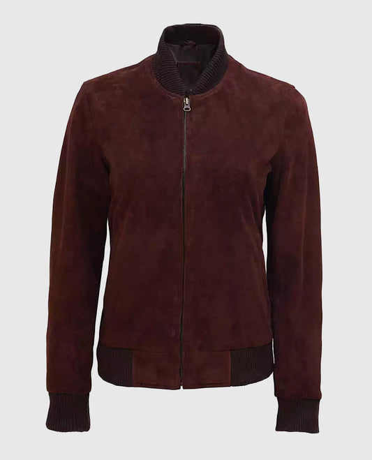 Women's Maroon Suede Leather Bomber Jacket – Premium Outerwear - side angle view