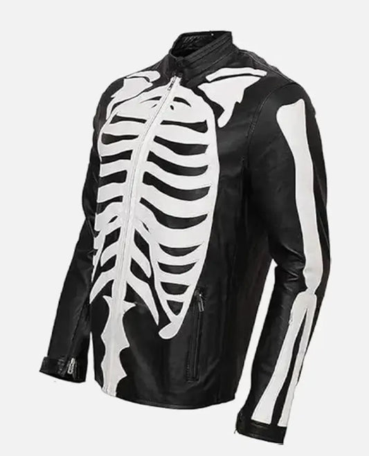 Halloween Special Spooky Skeleton Bones Cosplay Black Leather Jacket - side angle view