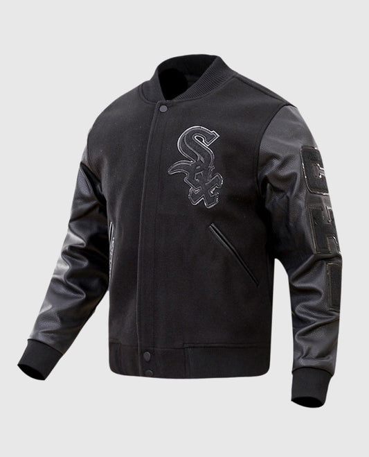 MLB Chicago White Sox Black Men's Varsity Leather Jacket - side angle view