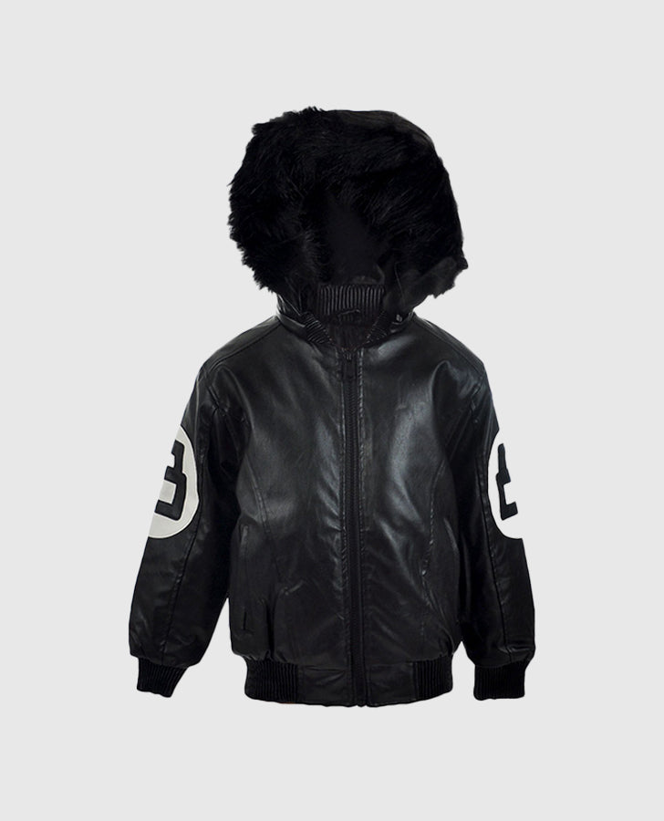 Men's 8 Ball Pool Black Hooded Bomber Leather Jacket - collar and zip close-up