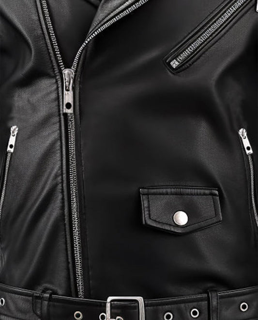 Men's Boulevard Black Biker Leather Jacket | Genuine Leather - collar and zip close-up