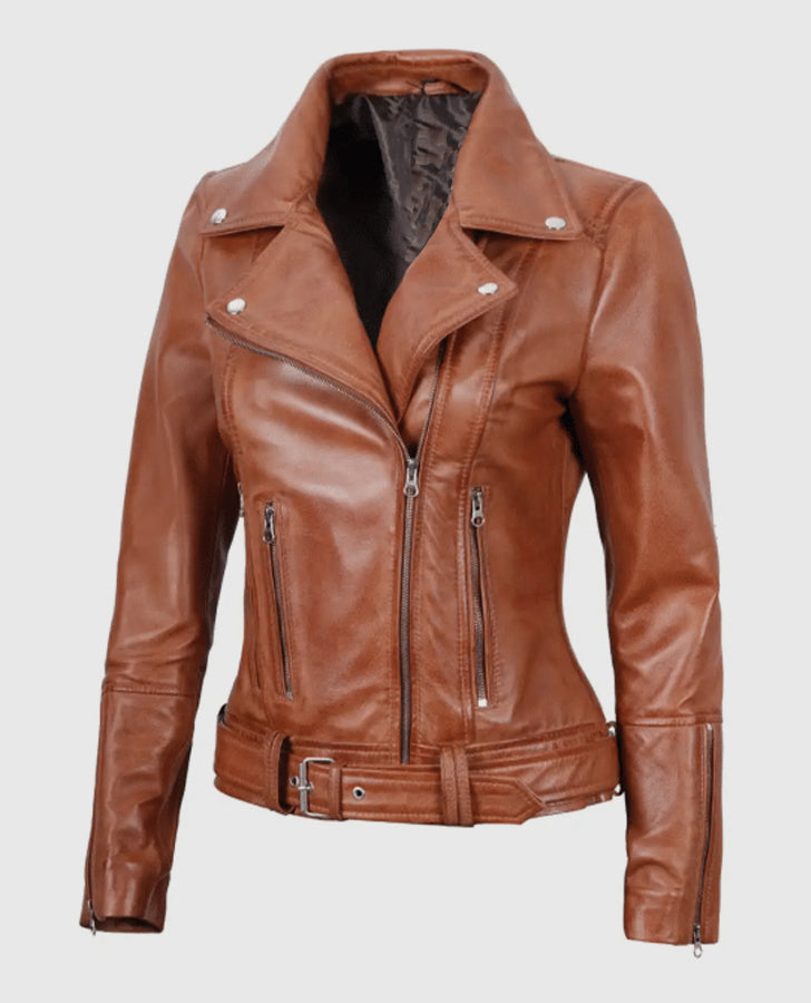 Women's Light Brown Asymmetrical Leather Biker Jacket - Belted - collar and zip close-up